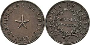 Chile Republik 1/2 Centavo 1853.  KM 126 ... 