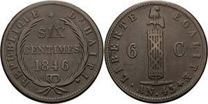 Haiti Republik 6 Centimes 1846.  KM 28 Sehr ... 