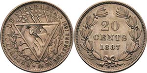 Nicaragua  20 Cents 1887, H-Heaton  KM 7 ... 