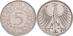 Kursmünzen  5 DM 1958 J  Jaeger 387 Selten. ... 