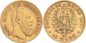 Württemberg Karl 1864-1891 10 Mark 1877 F  ... 