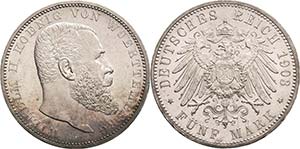 Württemberg Wilhelm II. 1891-1918 5 Mark ... 