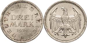 Kursmünzen  3 Mark 1924 A  Jaeger 312 ... 