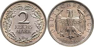 Kleinmünzen  2 Reichsmark 1926 D  Jaeger ... 
