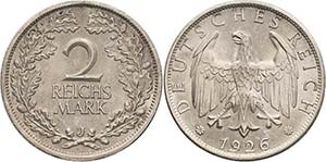 Kleinmünzen  2 Reichsmark 1926 J  Jaeger ... 