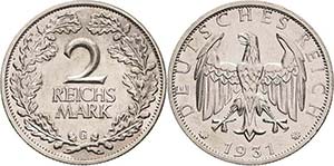Kleinmünzen  2 Reichsmark 1931 G  Jaeger ... 