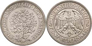 Gedenkausgaben  5 Reichsmark 1927 J Eichbaum ... 