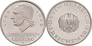 Gedenkausgaben  5 Reichsmark 1929 G Lessing  ... 