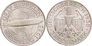 Gedenkausgaben  3 Reichsmark 1930 E Zeppelin ... 