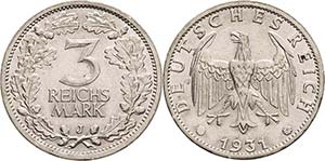 Gedenkausgaben  3 Reichsmark 1931 J ... 