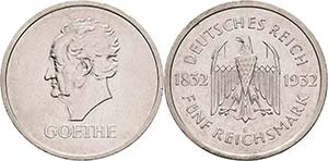 Gedenkausgaben  5 Reichsmark 1932 E Goethe  ... 