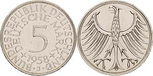 Kursmünzen  5 DM 1958 J  Jaeger 387 Selten ... 