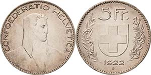 Schweiz-Eidgenossenschaft  5 Franken 1922, ... 