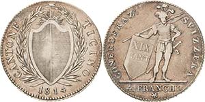 Schweiz-Tessin  4 Franken (Neutaler) 1814, ... 