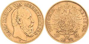 Württemberg Karl 1864-1891 10 Mark 1873 F  ... 