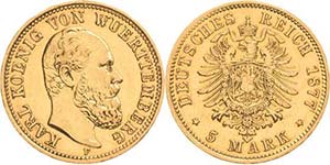 Württemberg Karl 1864-1891 5 Mark 1877 F  ... 