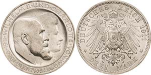Württemberg Wilhelm II. 1891-1918 3 Mark ... 