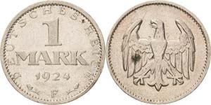 Kleinmünzen  1 Mark 1924 A, D, E, F, G, J ... 