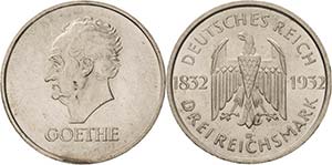 Gedenkausgaben  3 Reichsmark 1932 D Goethe  ... 