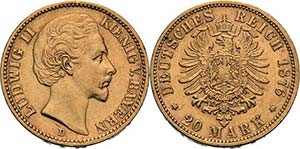 Bayern Ludwig II. 1864-1886 20 Mark 1876 D  ... 