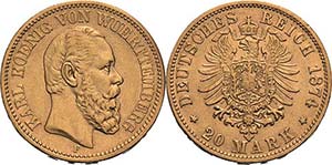 Württemberg Karl 1864-1891 20 Mark 1874 F  ... 