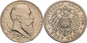 Baden Friedrich I. 1856-1907 5 Mark 1902 (G) ... 
