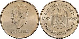 Gedenkausgaben  3 Reichsmark 1932 F Goethe  ... 