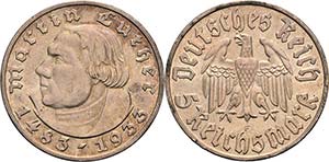 Gedenkausgaben  5 Reichsmark 1933 F Luther  ... 