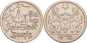 Ausgaben des Freistaates  2 Gulden 1923.  ... 