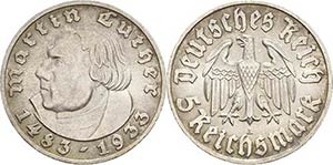 Gedenkausgaben  5 Reichsmark 1933 A Luther  ... 