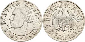Gedenkausgaben  5 Reichsmark 1933 D Luther  ... 