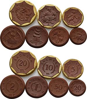 Porzellanmünzen  20 und 50 Pfennig, 1, 2, ... 