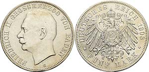 Baden Friedrich II. 1907-1918 5 Mark 1908 G  ... 