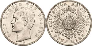 Bayern Otto 1886-1913 5 Mark 1913 D  Jaeger ... 