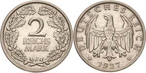 Kleinmünzen  2 Reichsmark 1927 J  Jaeger ... 