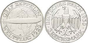 Gedenkausgaben  3 Reichsmark 1930 A Zeppelin ... 