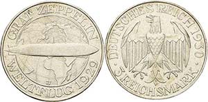 Gedenkausgaben  3 Reichsmark 1930 J Zeppelin ... 