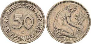 Kursmünzen 50 Pfennig 1950 G BANK DEUTSCHER ... 