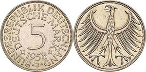 Kursmünzen 5 DM 1958 J  Jaeger 387 Selten. ... 