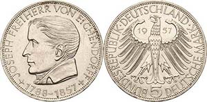 Gedenkmünzen 5 DM 1957 J Josef Freiherr von ... 