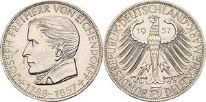 Gedenkmünzen 5 DM 1957 J Josef Freiherr von ... 