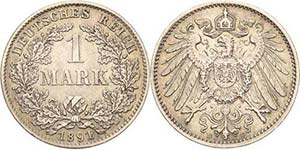 Kleinmünzen 1 Mark 1891 D  Jaeger 17 Sehr ... 