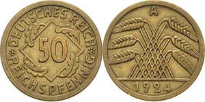 Kleinmünzen 50 Reichspfennig 1924 A  Jaeger ... 