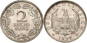 Kleinmünzen 2 Reichsmark 1927 E  Jaeger 320 ... 
