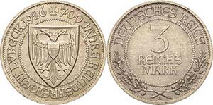 Gedenkausgaben 3 Reichsmark 1926 A Lübeck  ... 