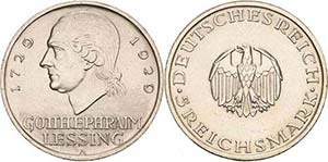 Gedenkausgaben 5 Reichsmark 1929 A Lessing  ... 