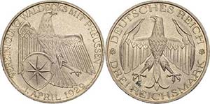 Gedenkausgaben 3 Reichsmark 1929 A Waldeck  ... 