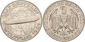 Gedenkausgaben 5 Reichsmark 1930 A Zeppelin  ... 