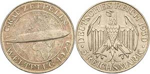 Gedenkausgaben 5 Reichsmark 1930 A Zeppelin  ... 