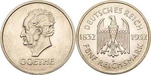 Gedenkausgaben 5 Reichsmark 1932 D Goethe  ... 